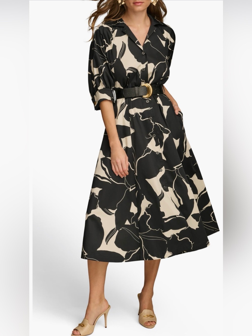 Donna Karan Floral Stretch Cotton Black and Cream Midi Shirt Dress NWOT